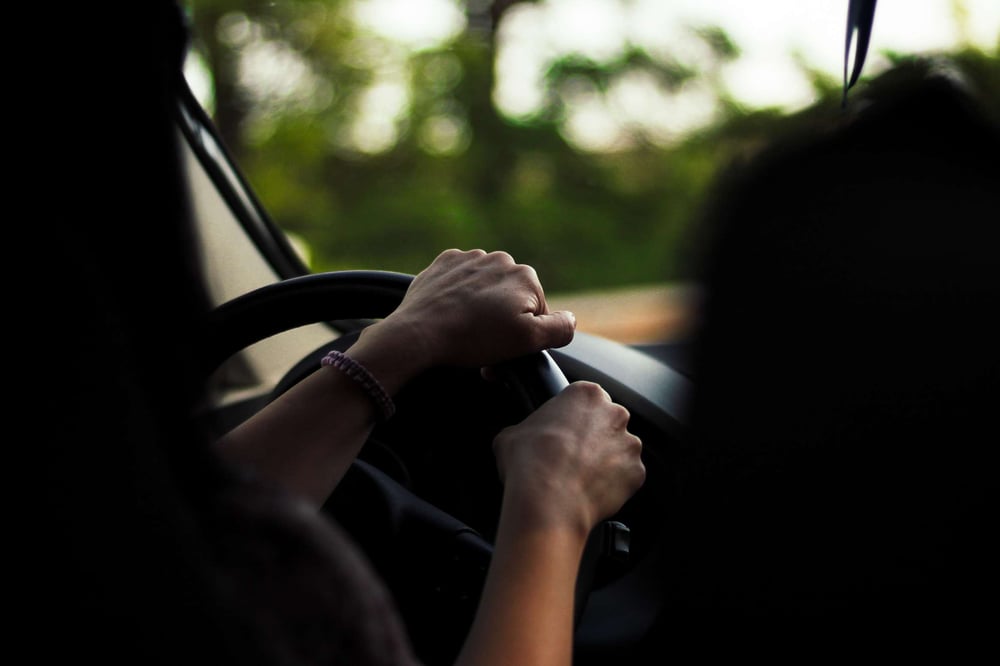 woman driving a car through forest with passenger watching